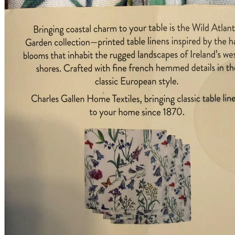 Charles Gallen Wild Atlantic Garden 4 Napkins Set Floral Made in Ireland 16x16